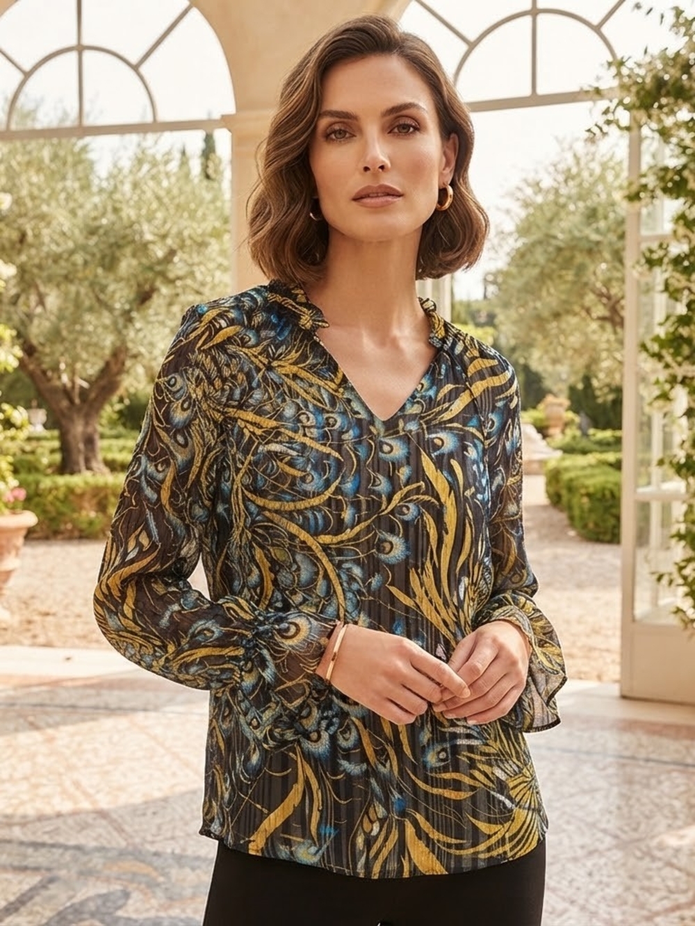 White House Black Market Black, Gold and Blue Printed V-Neck Long-Sleeve Blouse